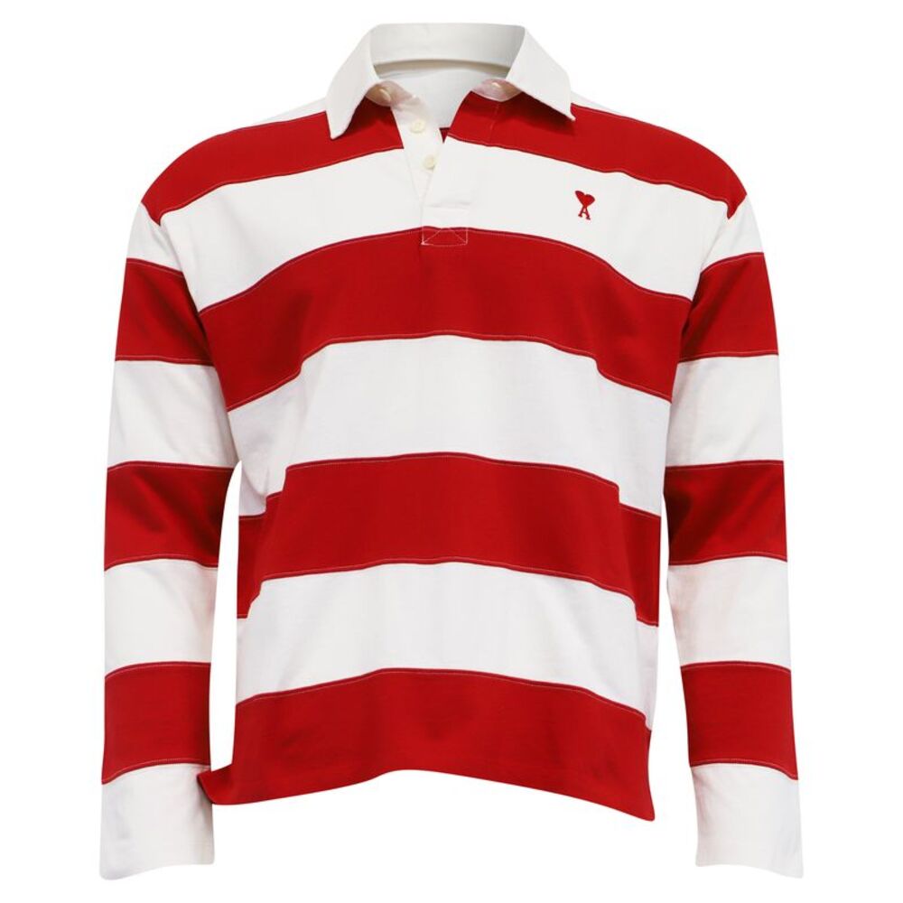 Ami Striped Ami de Cœur Long Sleeve Polo Shirt in Red and White Cotton
